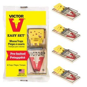 Victor Easy Set Mouse Trap 4-Pack M033 - Wooden Easy Set Mouse Trap - Pre-baited